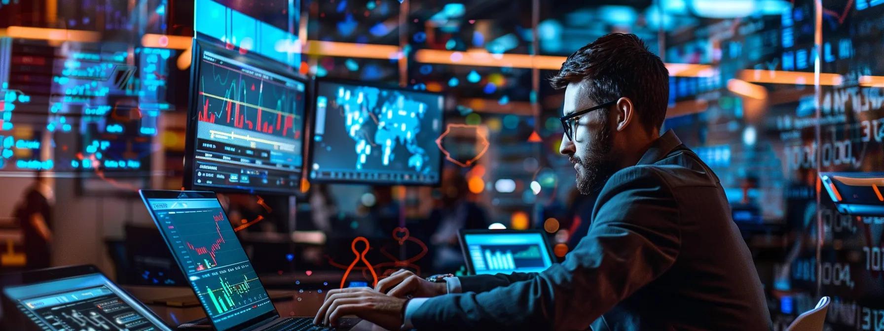 a dynamic urban workspace features an engaged professional analyzing twitter analytics on a sleek laptop, surrounded by vibrant screens displaying trending hashtags, illustrating the strategy to amplify social media reach.