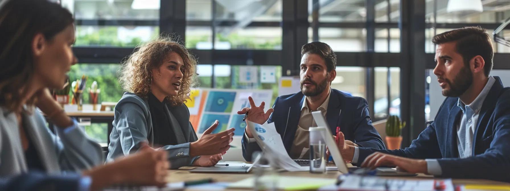 a focused business meeting in a modern office setting features a diverse group of professionals engaged in a deep discussion, surrounded by digital charts and strategic reports, symbolizing the critical questions to ask when selecting an seo company.