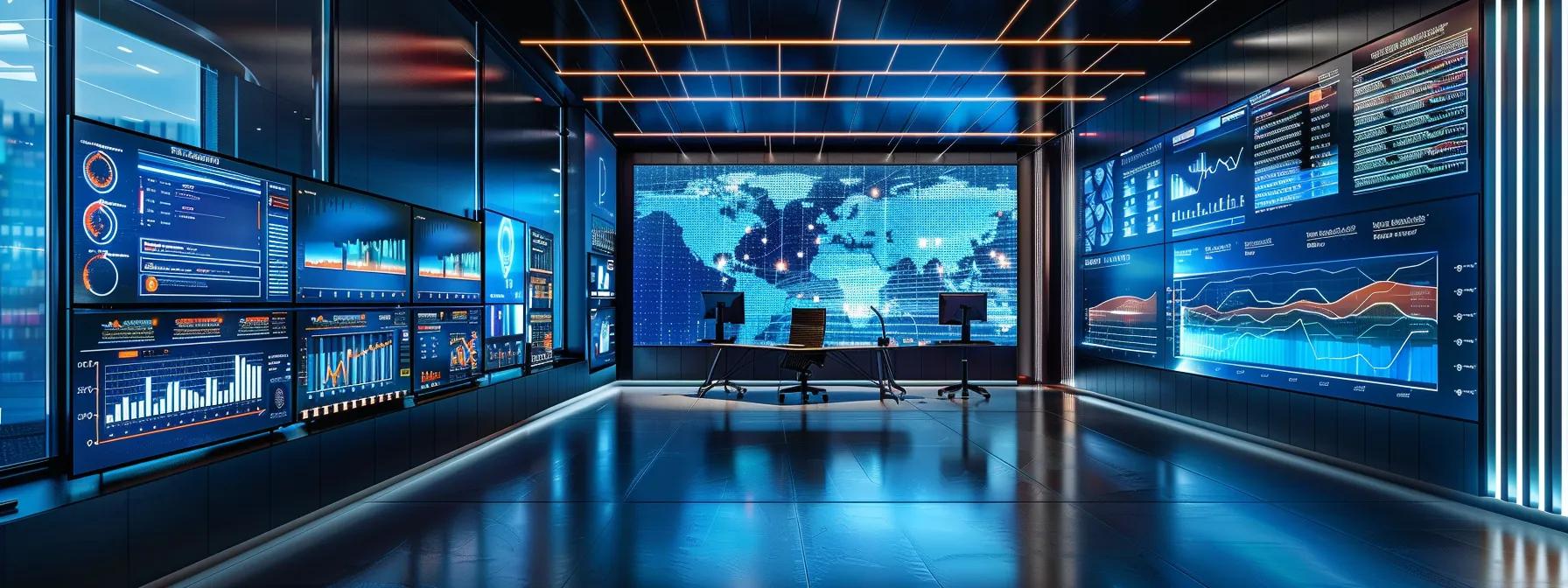 a modern, sleek office workspace filled with digital screens displaying complex data analytics and backlink graphs, illuminated by focused led lighting that highlights the importance of backlinking for search engine optimization in 2025.