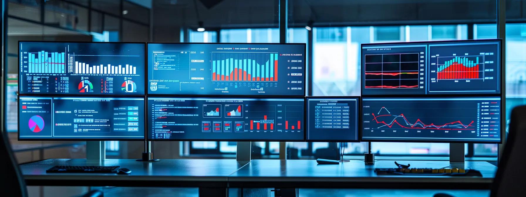 a sleek and modern office workspace features multiple large monitors displaying vibrant performance dashboards and seo analytics graphs, illuminated by the glow of dynamic data visualizations that emphasize the strategic nature of digital marketing.