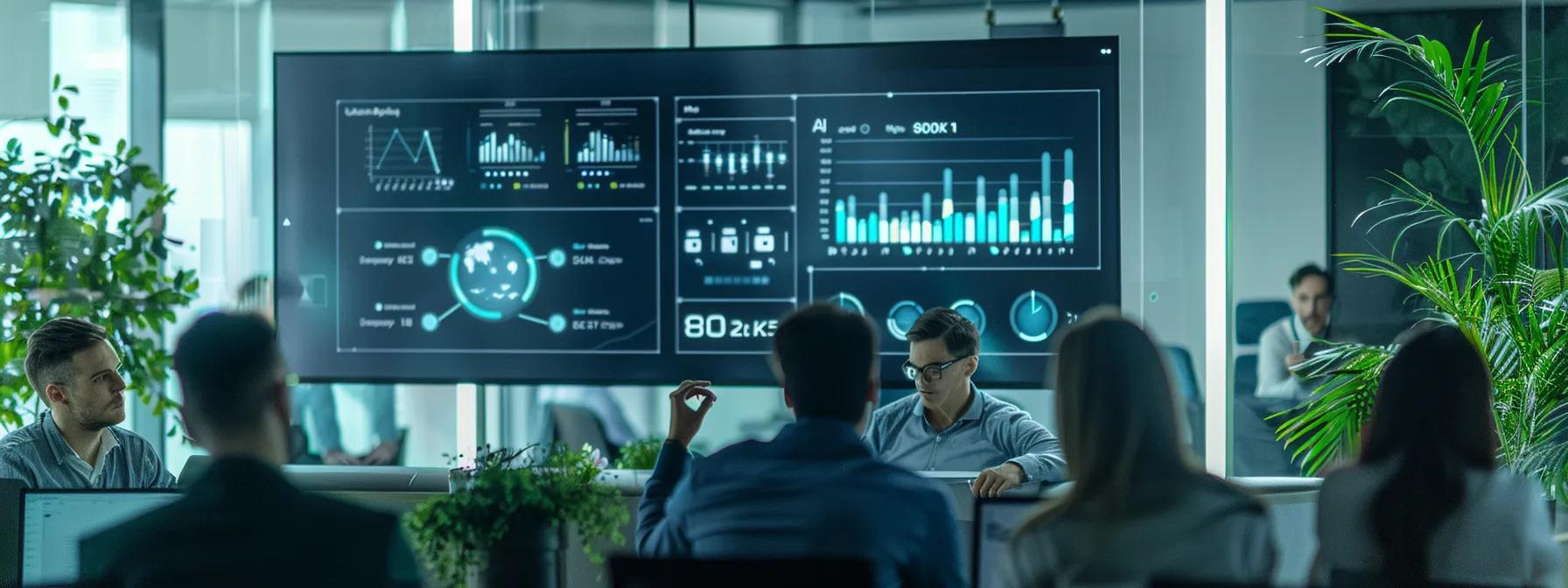 a sleek, modern office environment showcases a focused team of digital marketers gathered around a large screen displaying complex analytics and strategies, reflecting the dynamic process of crafting a customized seo approach for diverse businesses.