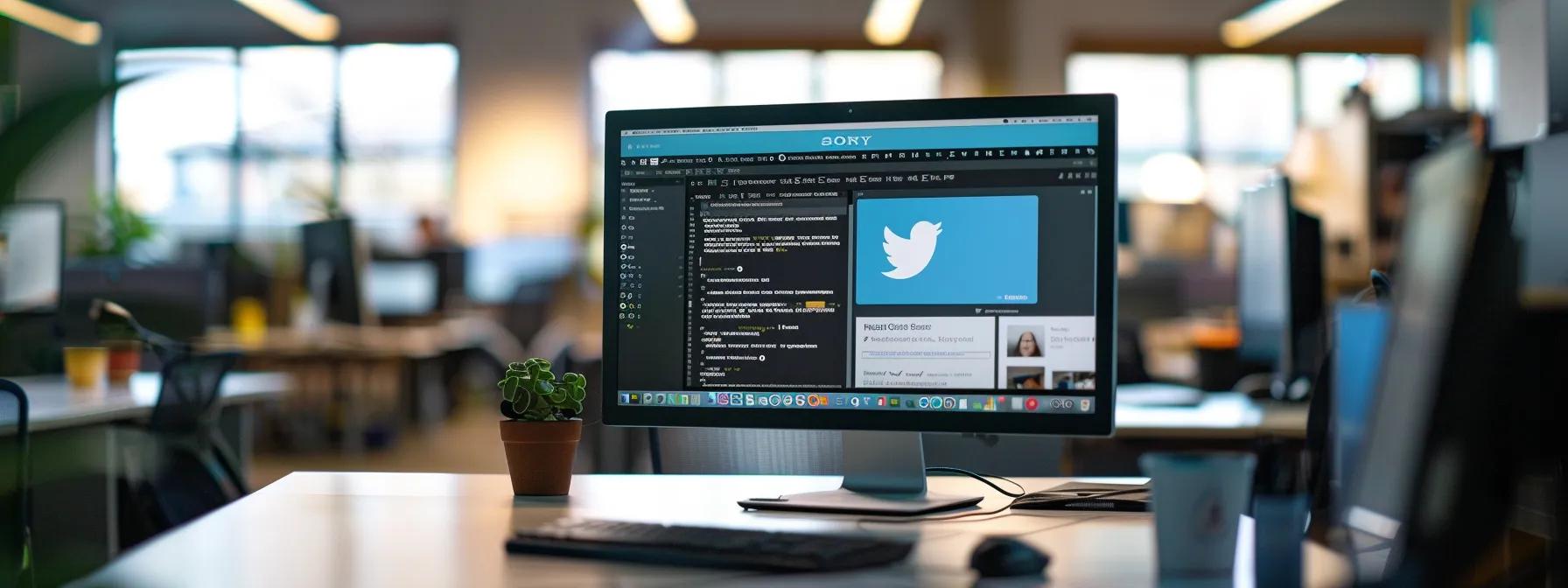 a sleek, modern office setting showcases a computer screen displaying a visually captivating twitter profile with a keyword-rich bio and relevant hashtags, emphasizing the importance of a strong online presence to attract followers.