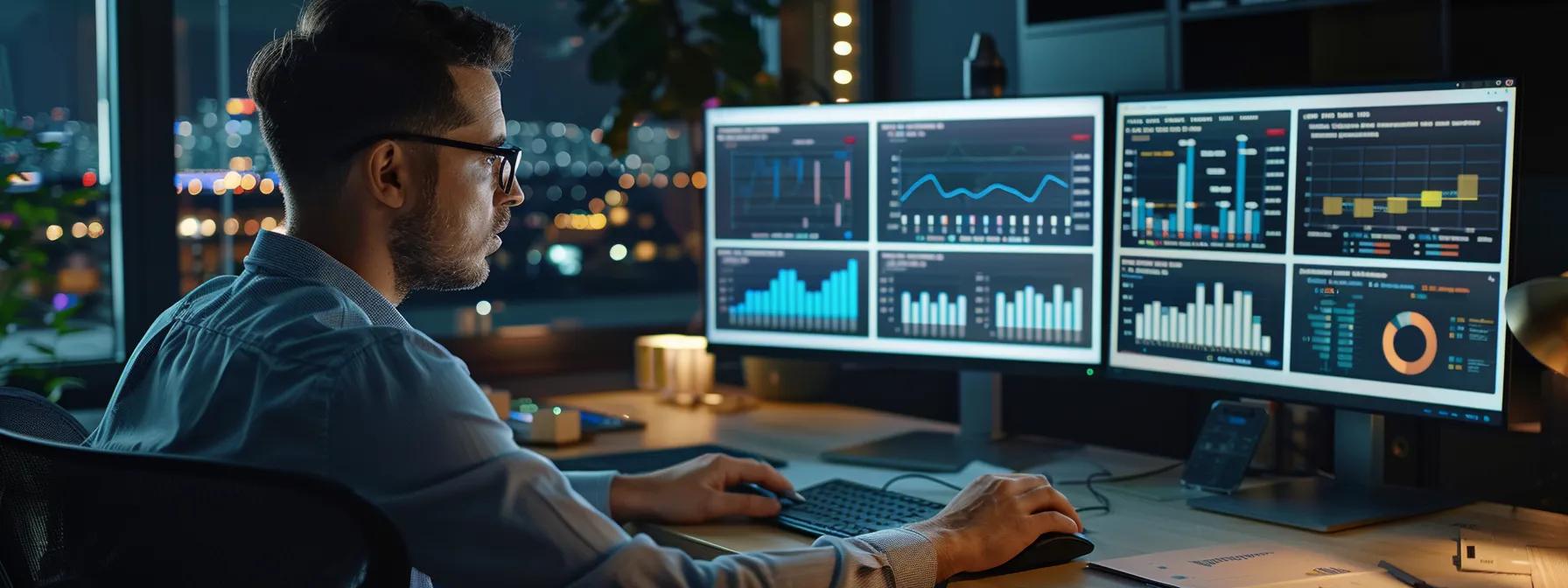 a sleek, modern office space features a focused professional analyzing complex graphs and charts on dual monitors, showcasing intricate backlink performance metrics that illuminate the impact on digital marketing strategies.