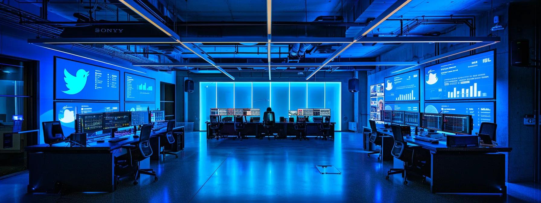 a sleek, modern office with multiple screens displaying vibrant twitter analytics dashboards, illuminated by dynamic neon lights to emphasize the data-driven atmosphere of audience growth strategies.