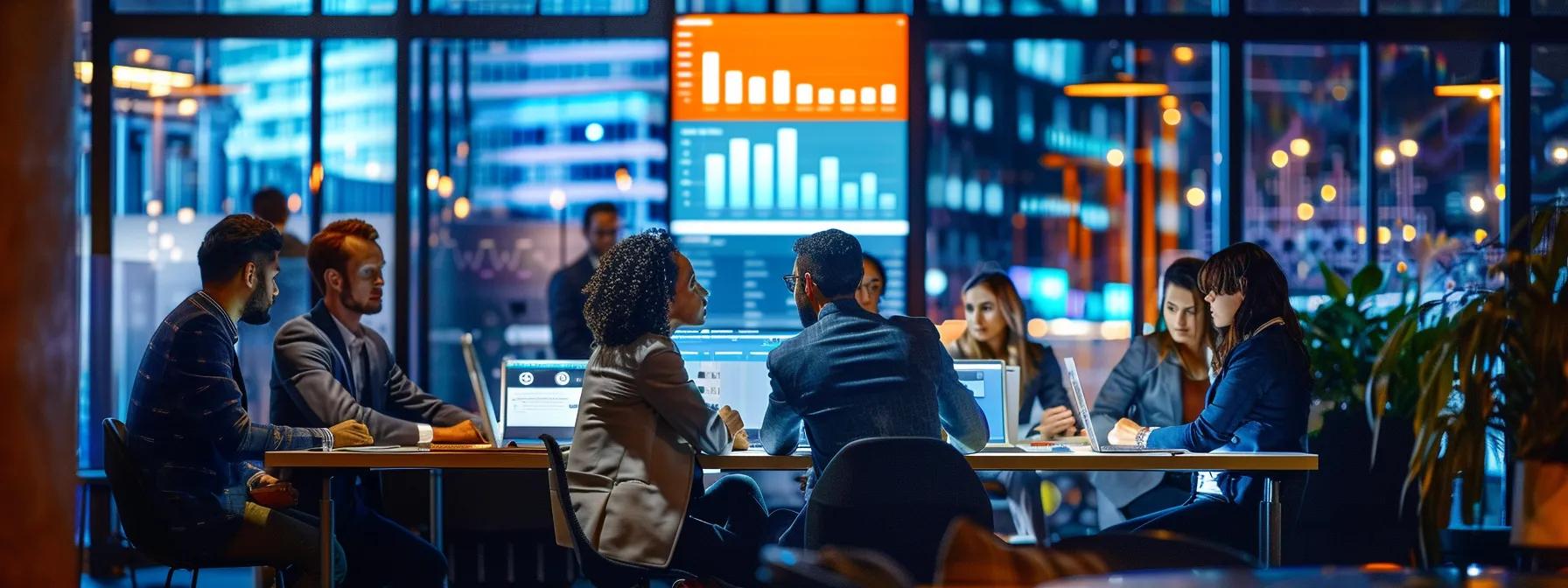 a vibrant, modern office workspace filled with diverse professionals engaging in a dynamic discussion surrounded by digital screens displaying twitter analytics and advertising strategies, illustrating the synergy between paid and organic social media growth.