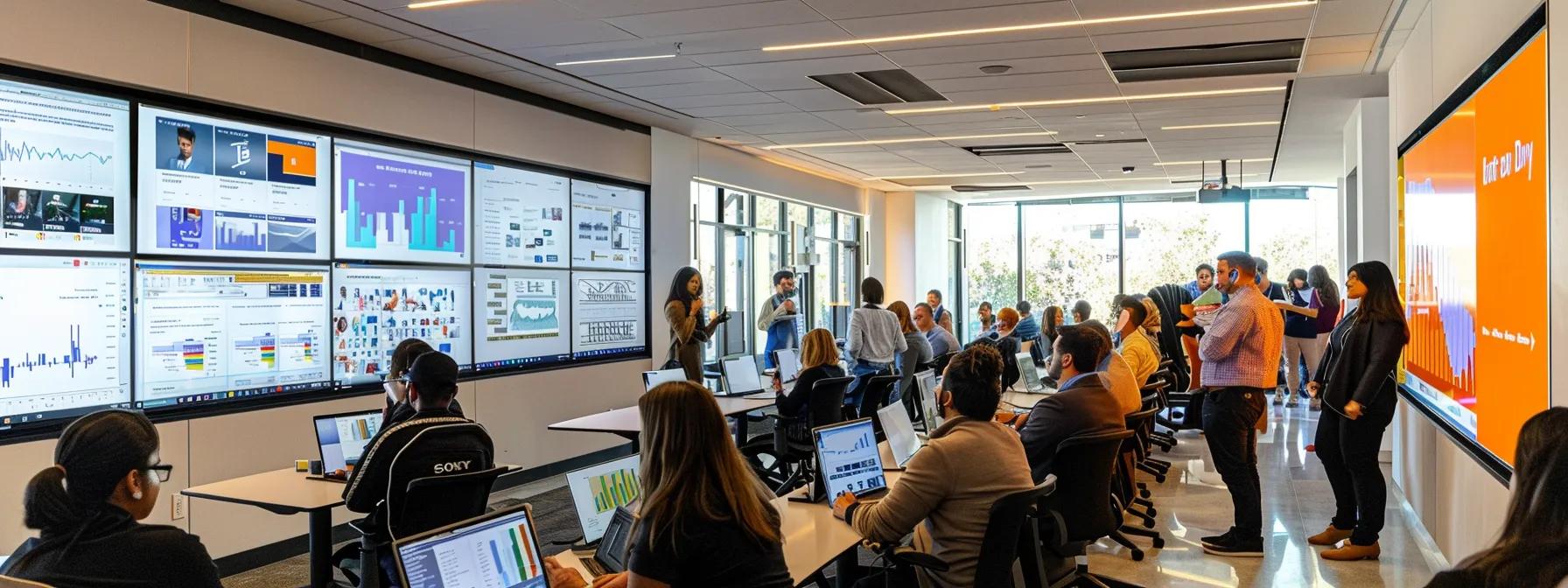 a vibrant office environment is filled with engaged professionals gathered around digital screens displaying dynamic twitter analytics and marketing strategies, capturing the essence of advanced audience growth techniques in real-time.