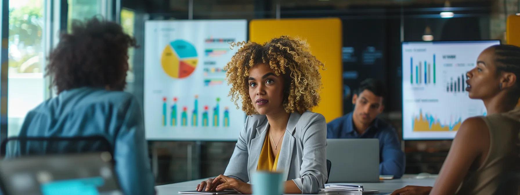 a vibrant office setting showcases a focused professional engaging in a strategic discussion with a colleague over a laptop, surrounded by charts and graphs that symbolize successful outreach and backlink acquisition.
