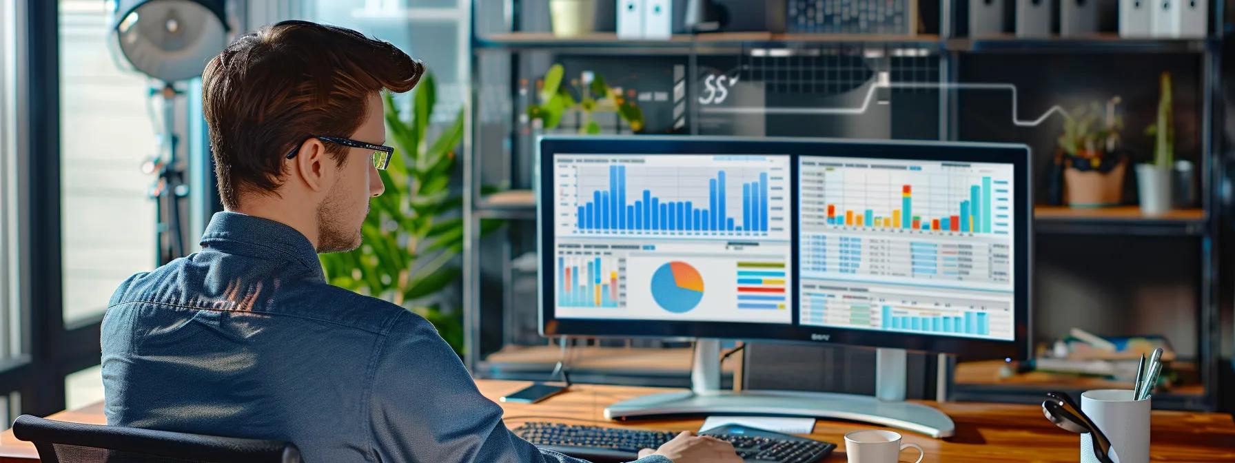 a focused professional sits at a sleek, modern desk, intently analyzing keyword data on a high-resolution monitor, surrounded by colorful charts and graphs that illustrate effective strategies for performing keyword research without paid tools.
