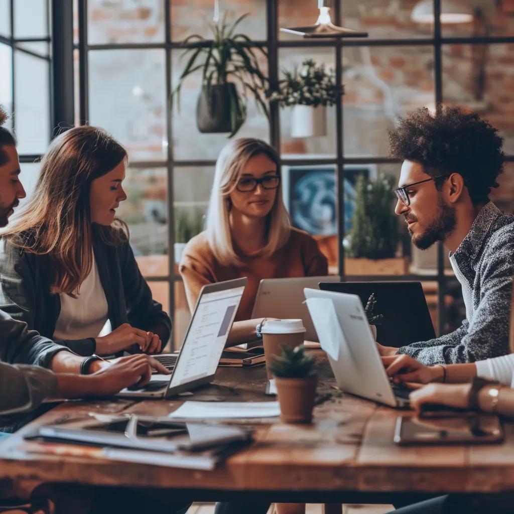 Diverse professionals collaborating on white hat SEO strategies in a modern office setting