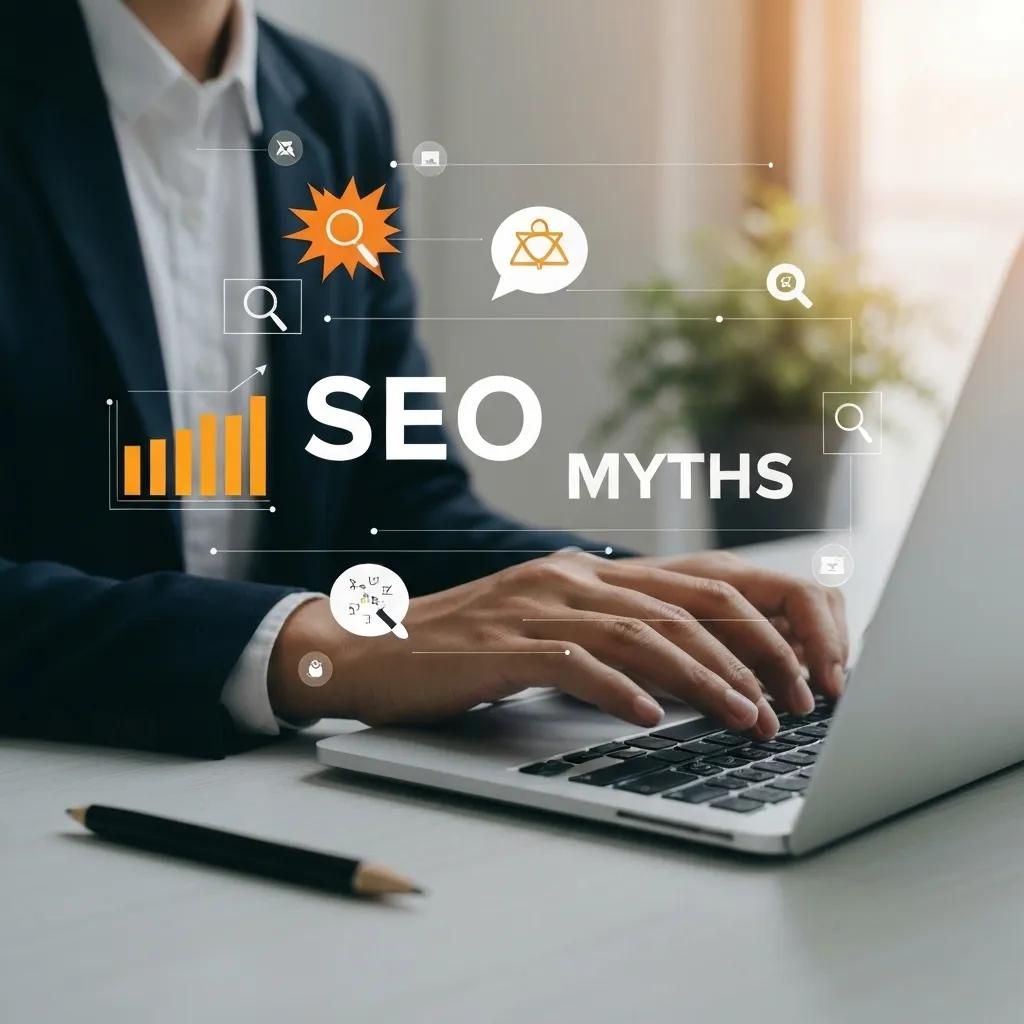 Person analyzing SEO data on a laptop with search engine icons and myth-busting symbols
