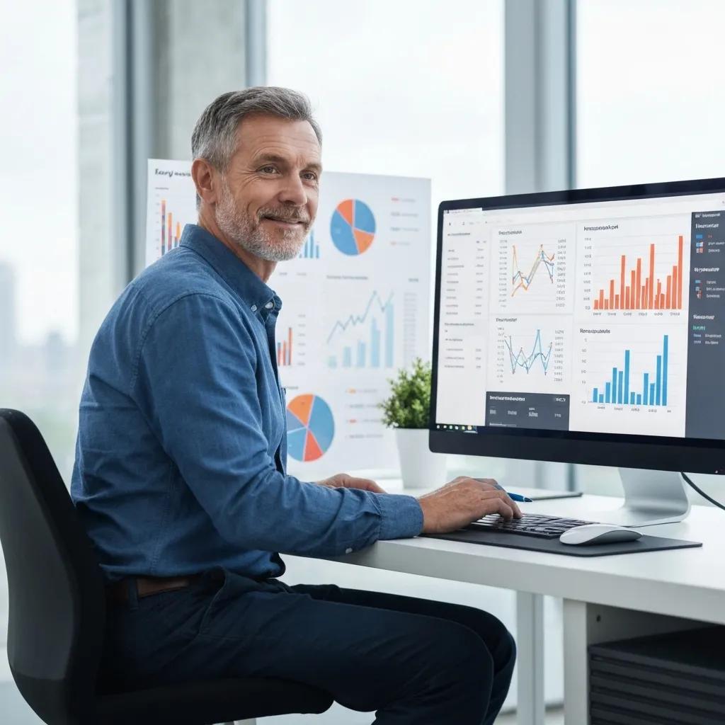 Individual analyzing keyword data on a computer, illustrating AI's crucial role in keyword research