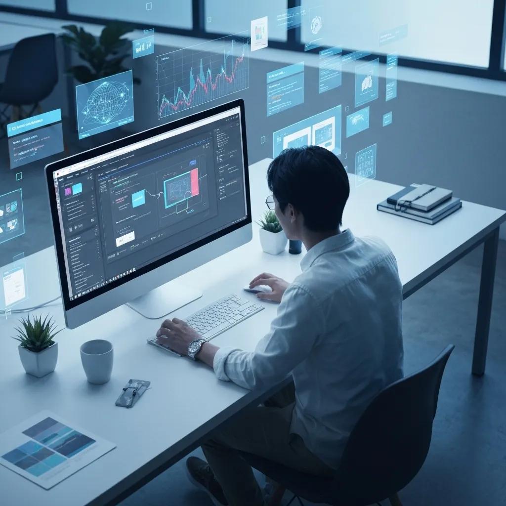 A designer expertly using advanced AI tools to craft responsive web development solutions, showcasing the transformative impact on the design process