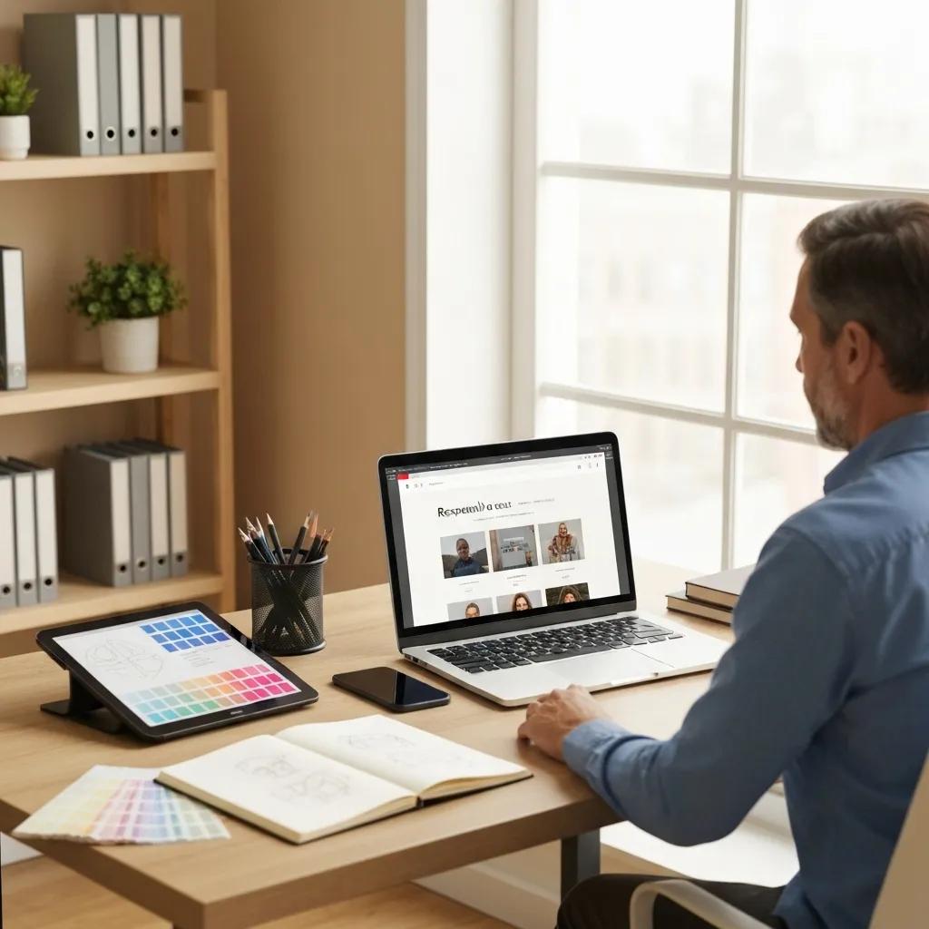 Modern workspace with a laptop showing responsive web design, highlighting mobile-first principles