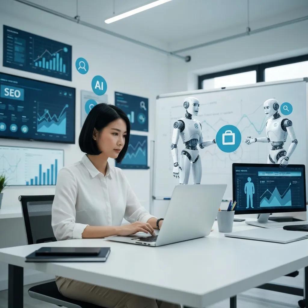 Digital marketing professional analyzing AI-driven SEO data on a laptop