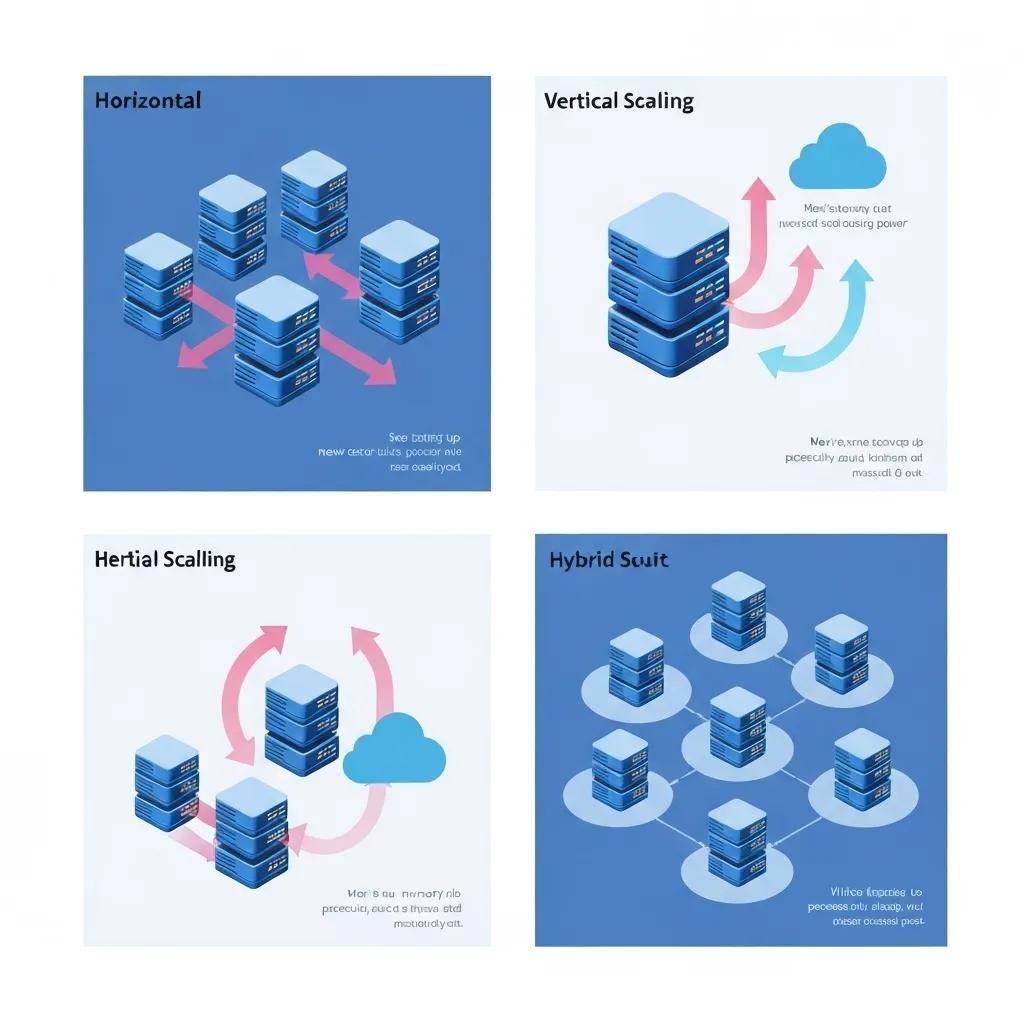 Visual representation of horizontal, vertical, and hybrid cloud scalability models