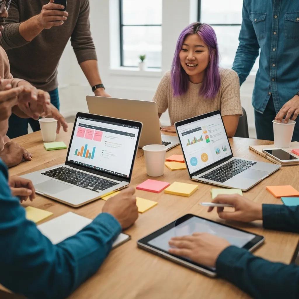 Team collaborating on content strategies using AI tools, showcasing teamwork and innovation