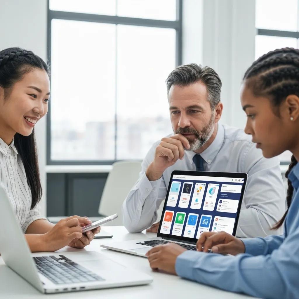 Diverse professionals collaborating on mobile app development in a modern office setting