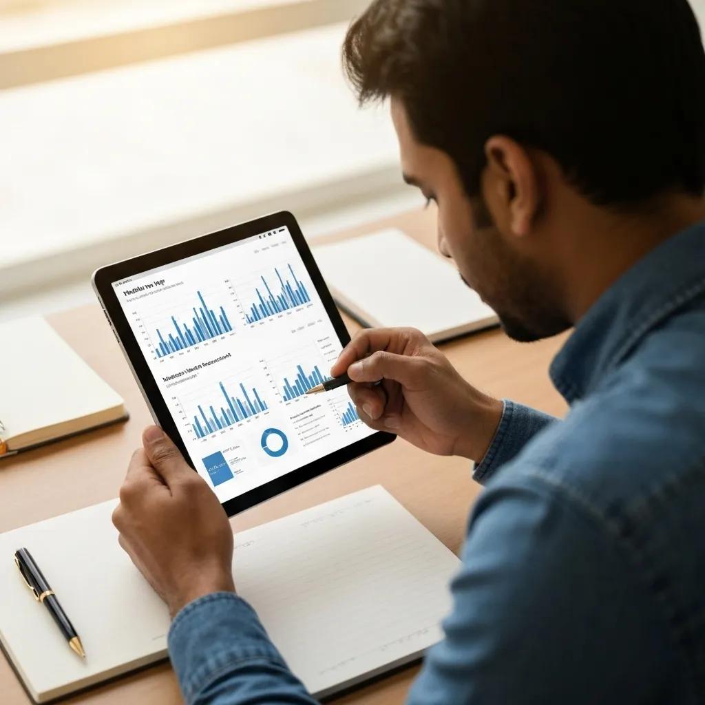 An individual meticulously analyzing market research data to inform a mobile app launch strategy