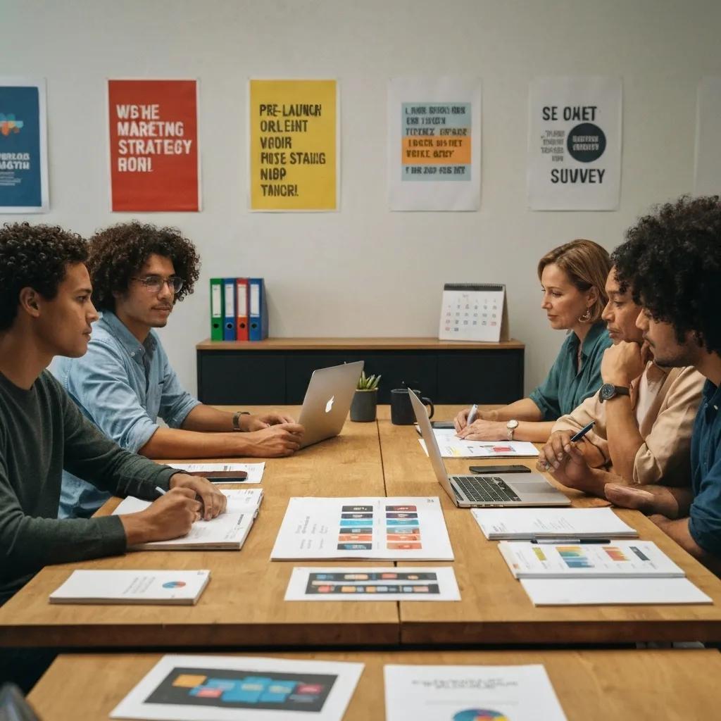 A team strategizing pre-launch marketing for a mobile app, surrounded by laptops and planning materials
