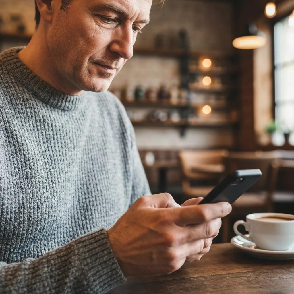 A user happily interacting with a mobile app in a cozy cafe setting, showcasing the app's user-friendly features.