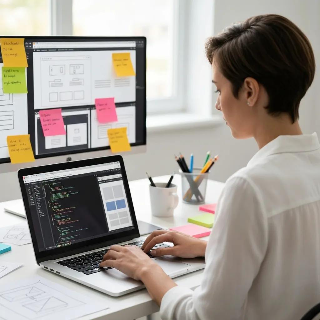 A web developer meticulously working on accessibility-focused web designs in a bright, modern workspace.